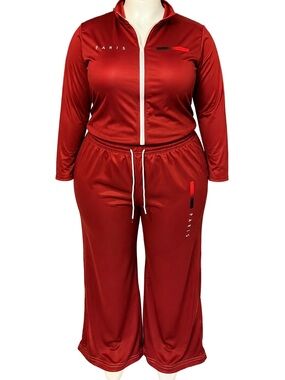 Women's Deep Red Paris-Print Two-Piece Jumpsuit Set